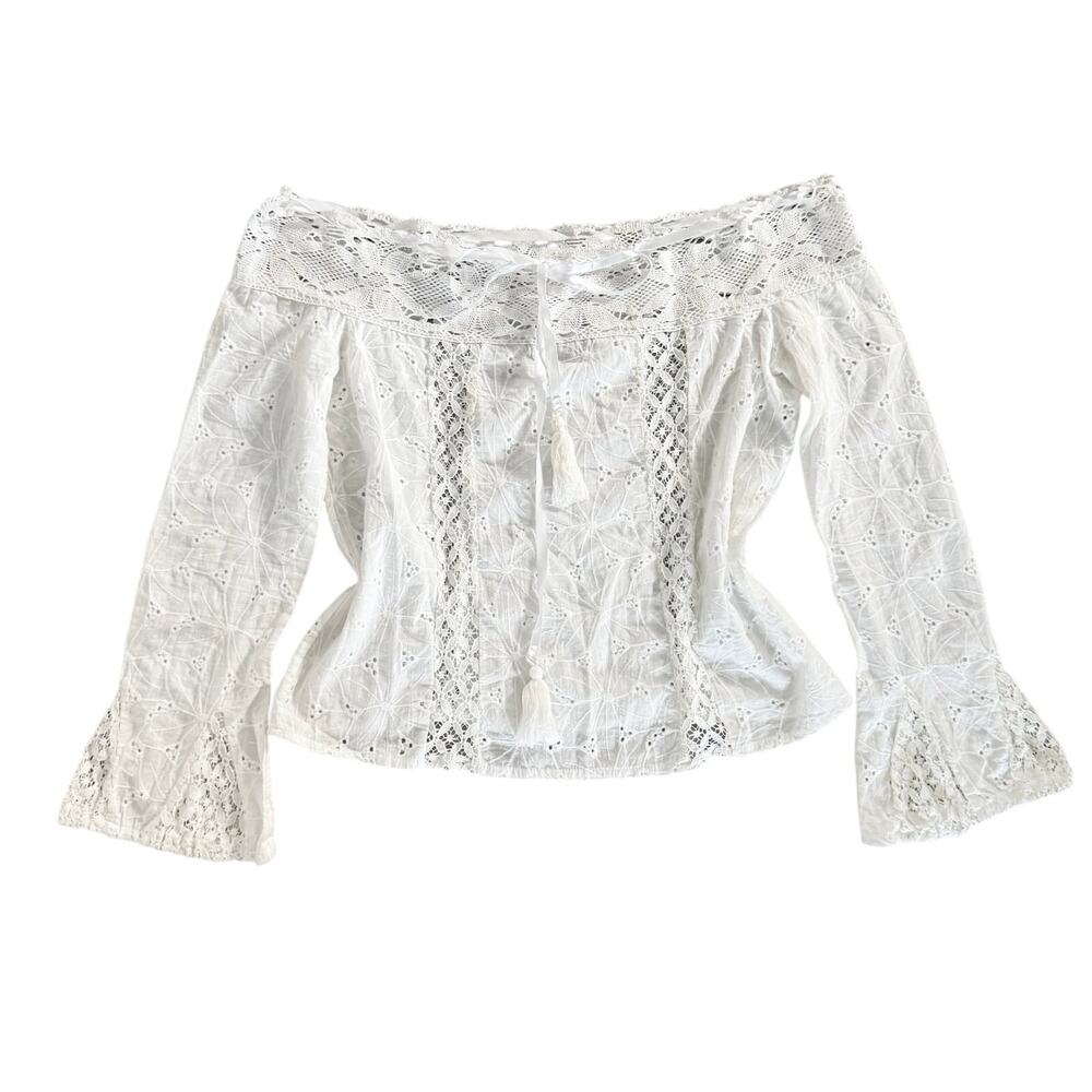 Chic Me Lace Off The Shoulder Top White Size Medium Boho Flared Sleeve Blouse